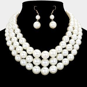 Cream Pearls MultiStrand Layered Bib Necklace Set Triple Row